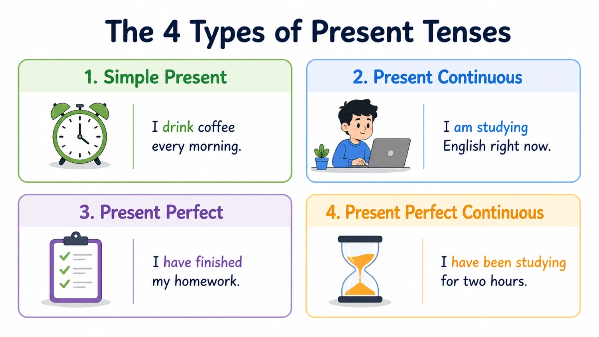 How Many Types of Present Tenses Are There? Learn the 4 Types with Easy Examples